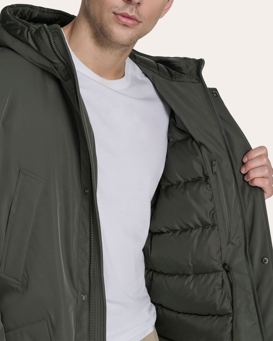 View of model wearing Chimera Faille Padded Parka.