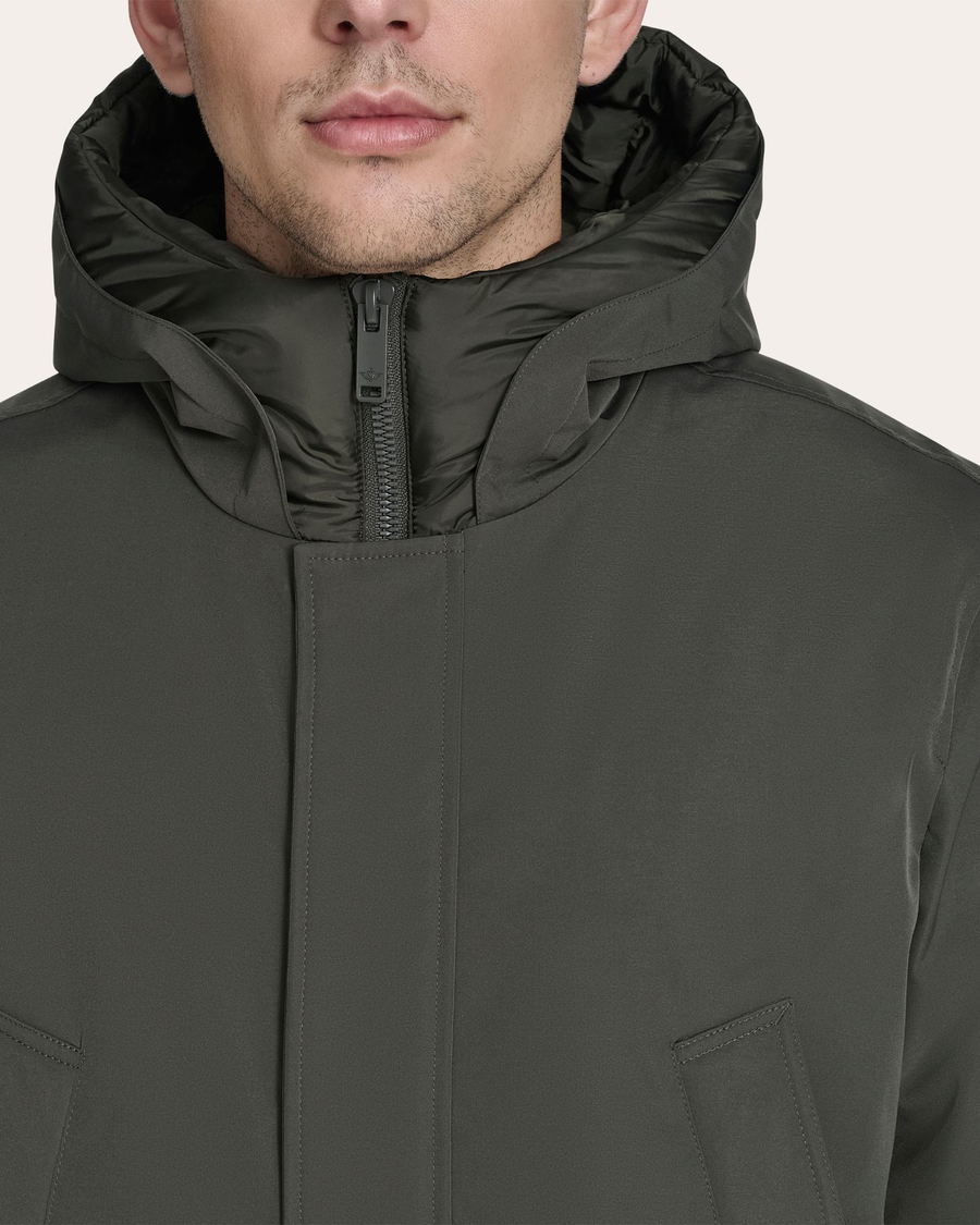 View of model wearing Chimera Faille Padded Parka.