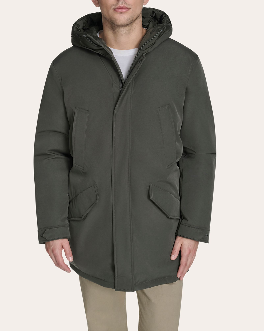Front view of model wearing Chimera Faille Padded Parka.