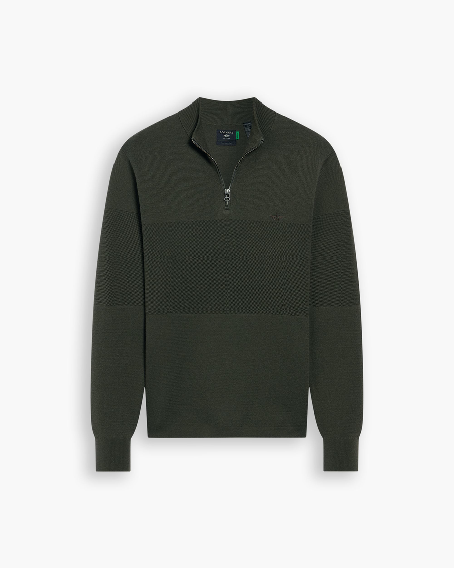 View of model wearing Chimera Quarter Zip Sweater, Regular Fit.