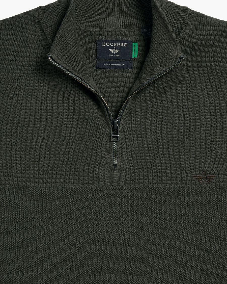 View of model wearing Chimera Quarter Zip Sweater, Regular Fit.