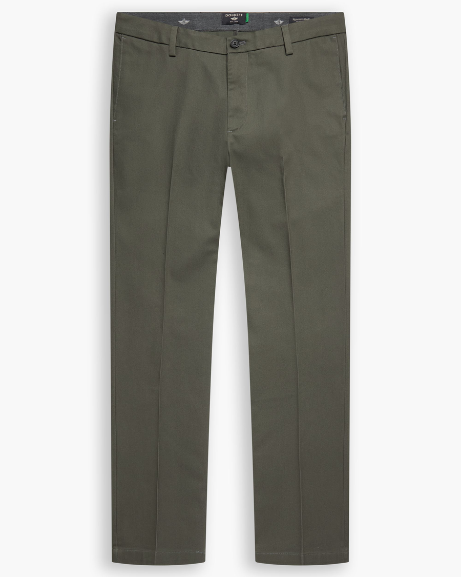 View of model wearing Chimera Signature Iron Free Khakis, Slim Fit with Stain Defender®.