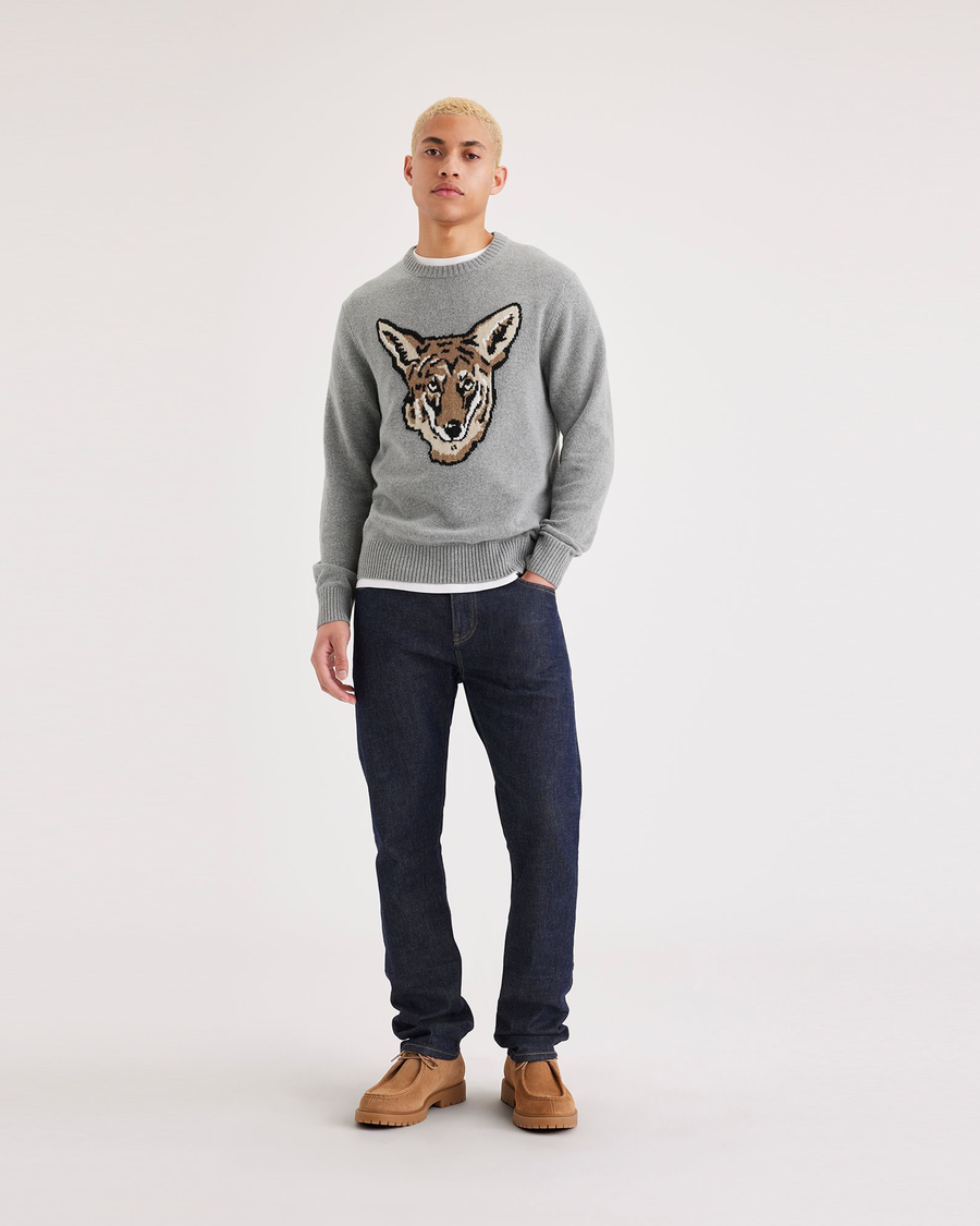 View of model wearing Coyote Intarsia Men's Regular Fit Crafted Crewneck Sweater.