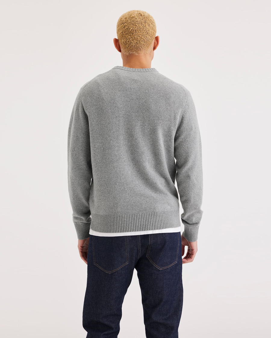 Back view of model wearing Coyote Intarsia Men's Regular Fit Crafted Crewneck Sweater.