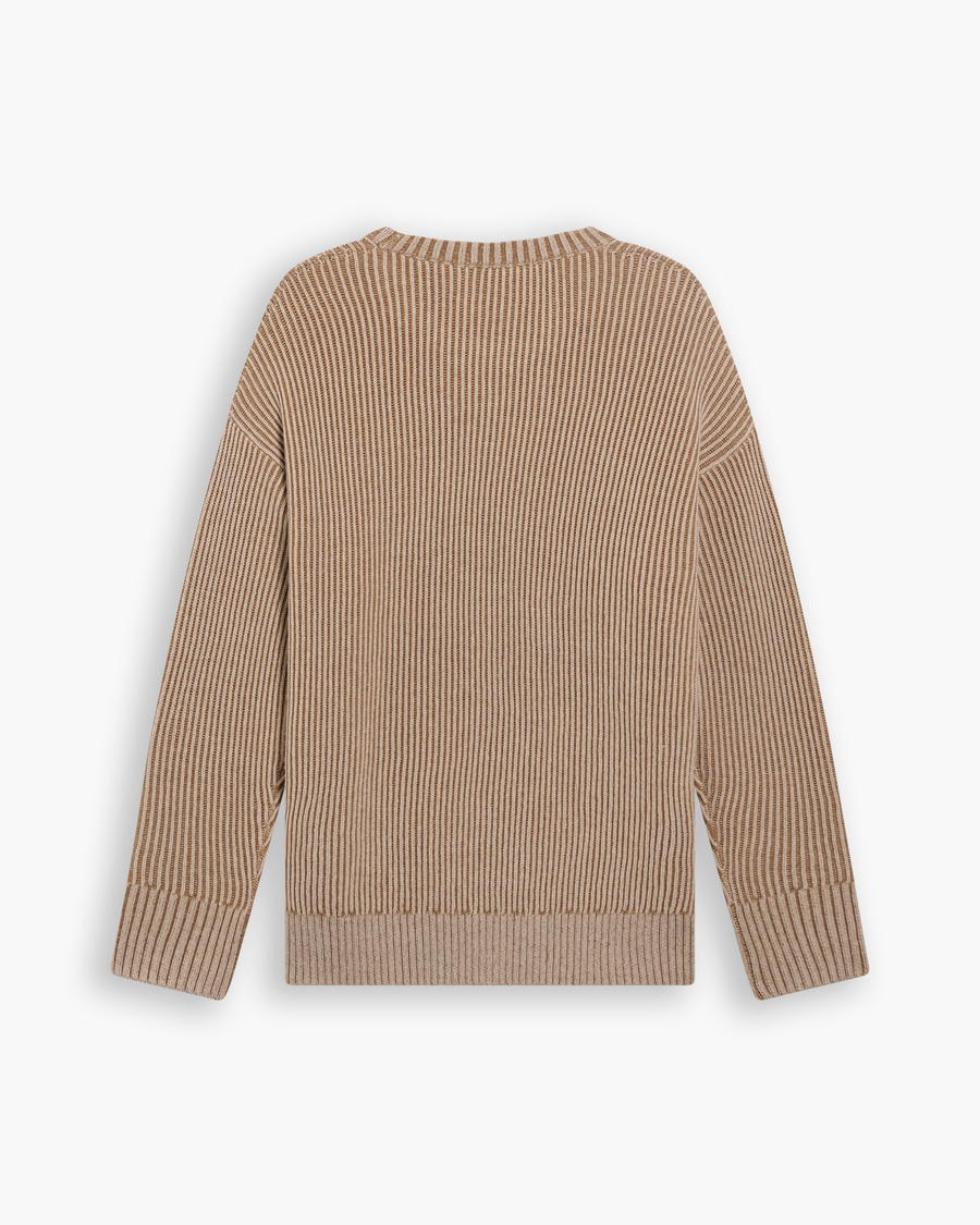 View of model wearing Cream Plaited Crewneck Sweater, Relaxed Fit.