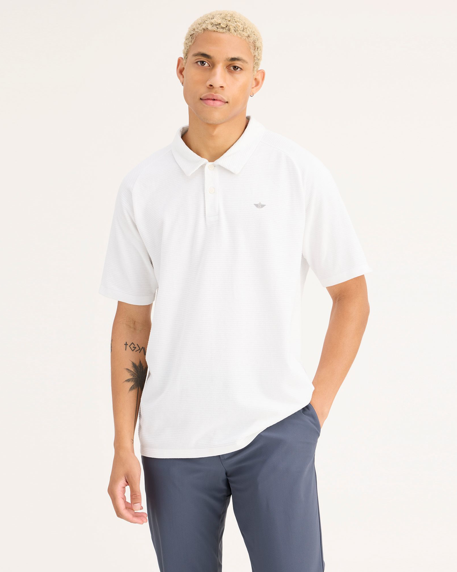 Front view of model wearing Crown Blue Men's Regular Fit Go Polo.