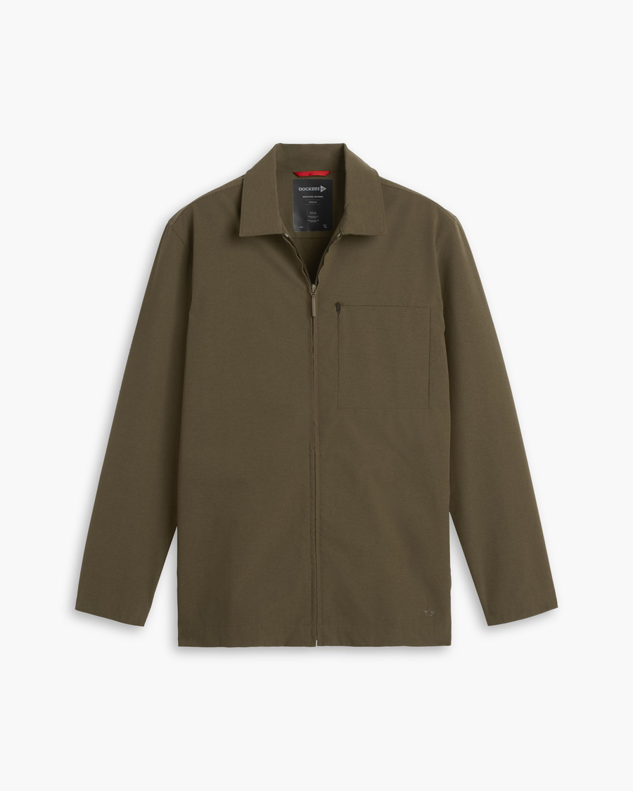 View of model wearing Dark Olive Go Overshirt, Regular Fit.