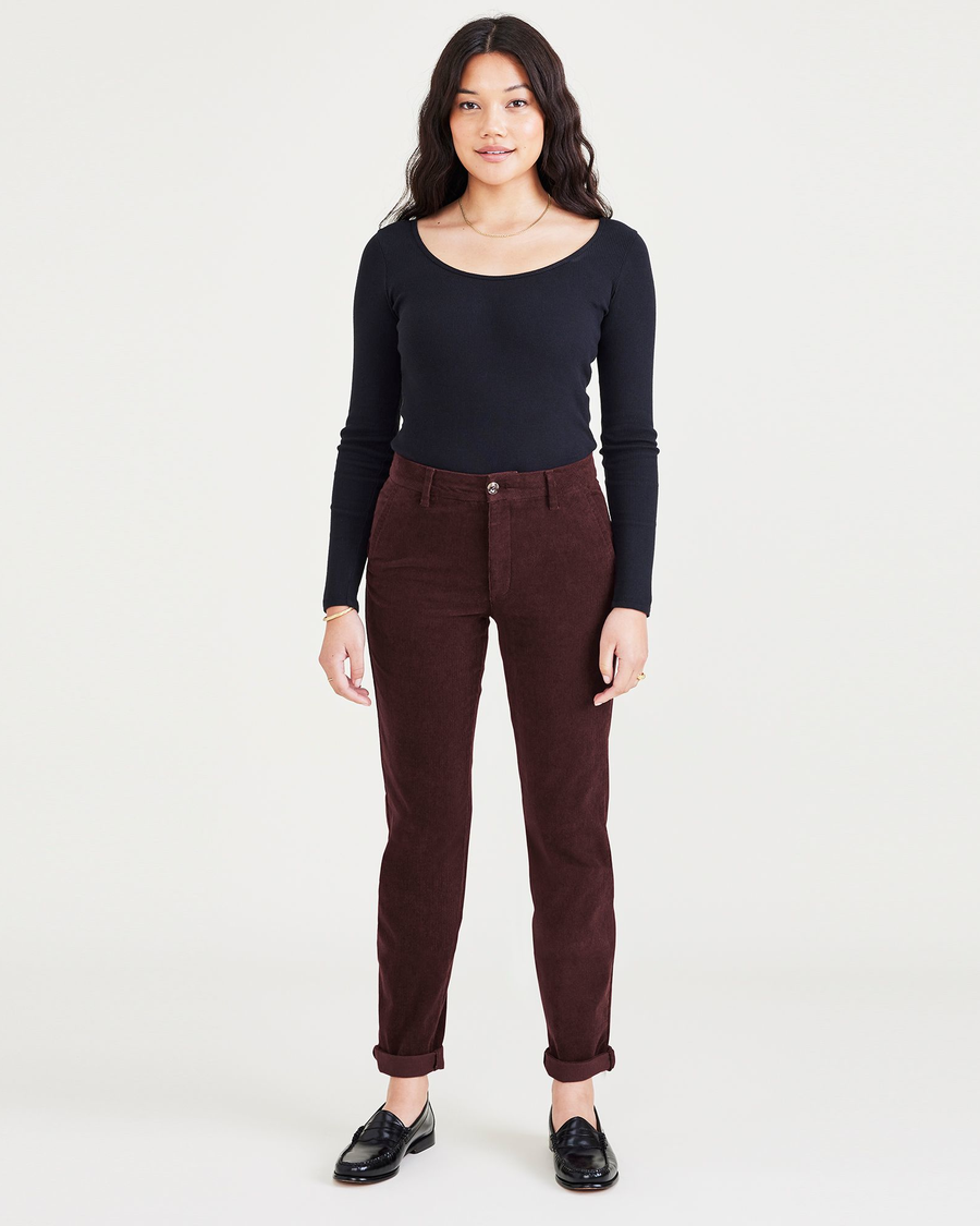 Front view of model wearing Decadent Chocolate Women's Slim Fit Weekend Chino Pants.