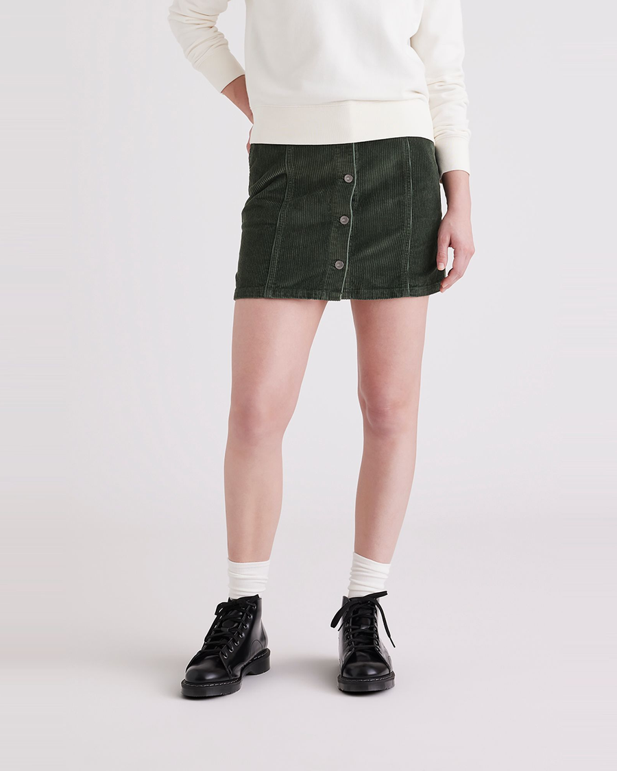 Front view of model wearing Deep Forest Women's Button Front Mini Skirt.