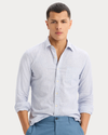 View of model wearing Deep Ultramarine Icon Button Up Shirt, Slim Fit.