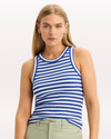 View of model wearing Deep Ultramarine Rib Tank with Loft Knit, Slim Fit.