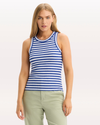 Front view of model wearing Deep Ultramarine Rib Tank with Loft Knit, Slim Fit.