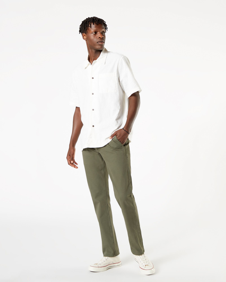 Front view of model wearing Dockers Olive Men's Slim Fit Smart 360 Flex Alpha Khaki Pants.