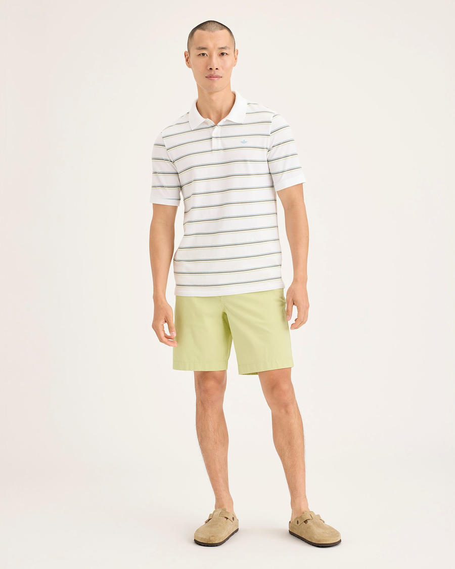 Front view of model wearing Dusty Yellow Alpha Chino Shorts, Straight Fit.