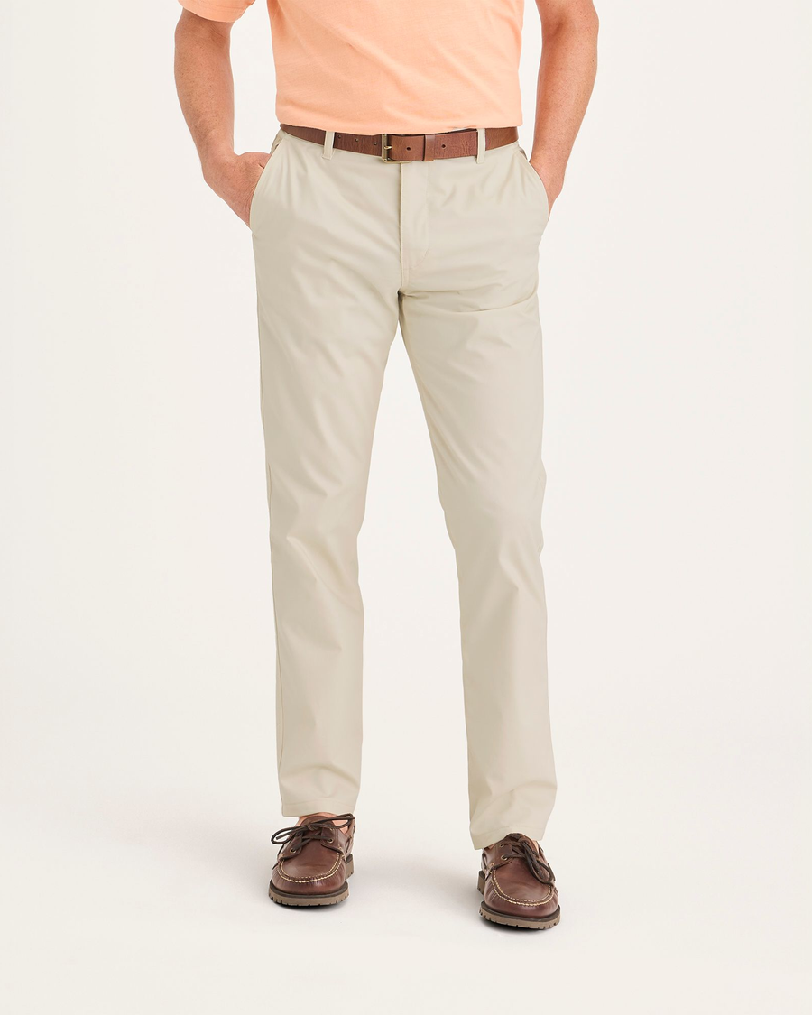 Front view of model wearing Dusty Yellow Men's Slim Fit Smart 360 Flex Ultimate Chino Pants.
