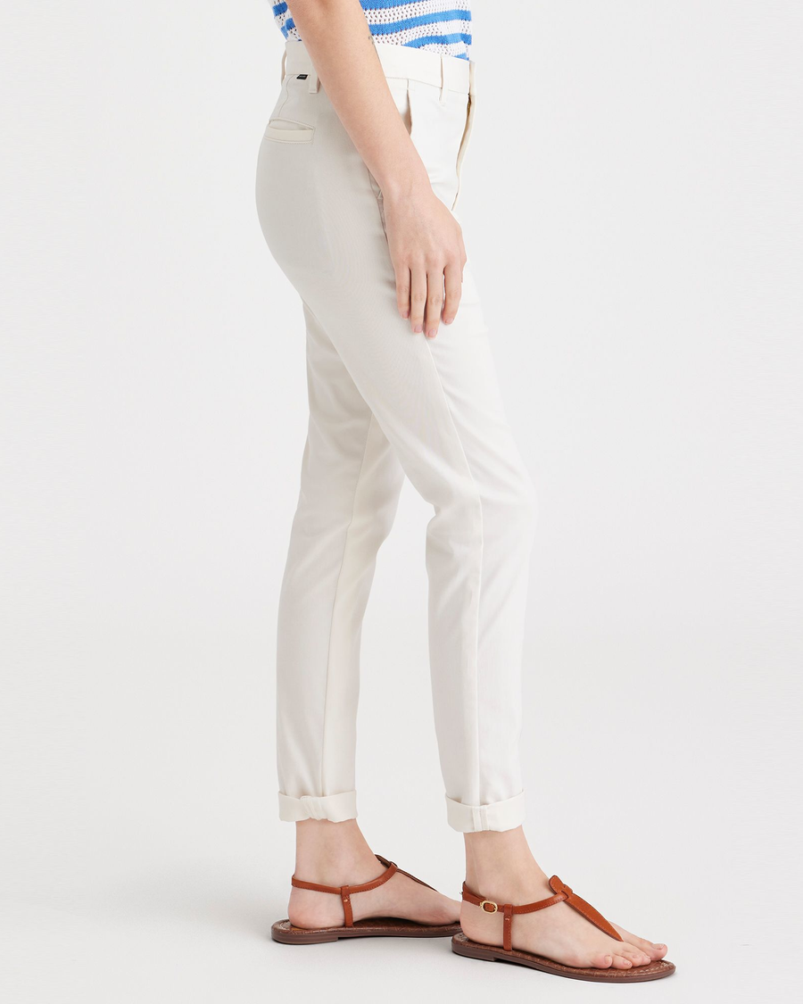 Side view of model wearing Egret Women's Slim Fit Weekend Chino Pants.