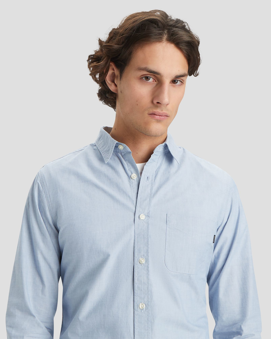 View of model wearing End On End Delft Men's Slim Fit Icon Button Up Shirt.