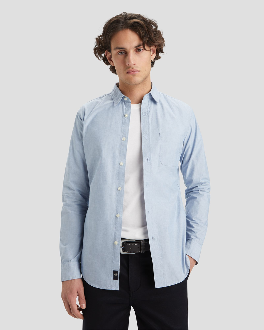 Front view of model wearing End On End Delft Men's Slim Fit Icon Button Up Shirt.