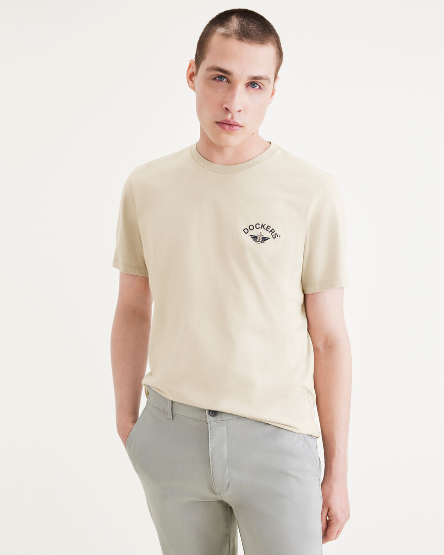 Front view of model wearing Fan Sahara Khaki Logo Tee, Slim Fit.