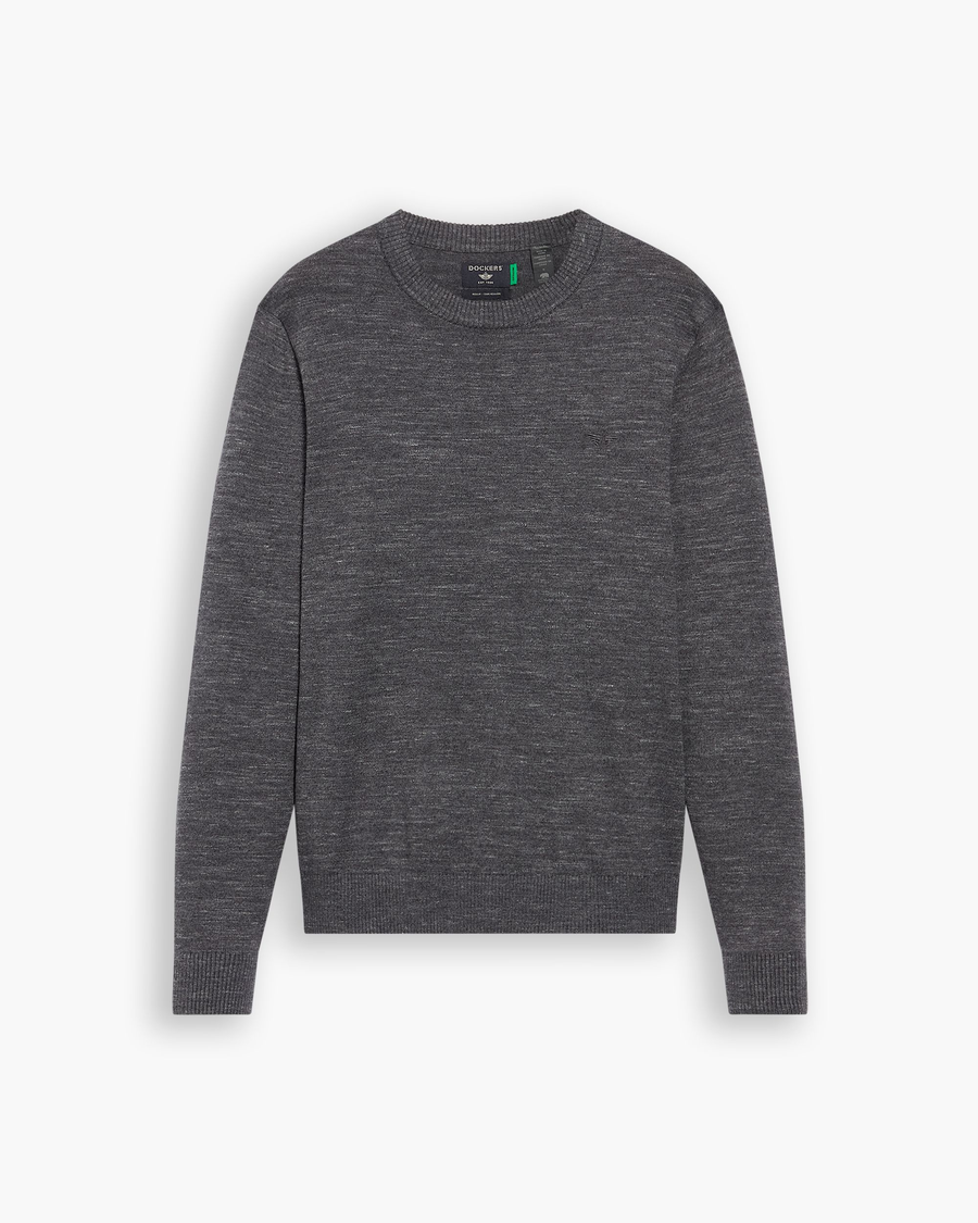 View of model wearing Fantasy Space Dye Thunderstorm Gray Crewneck Sweater,  Regular Fit.