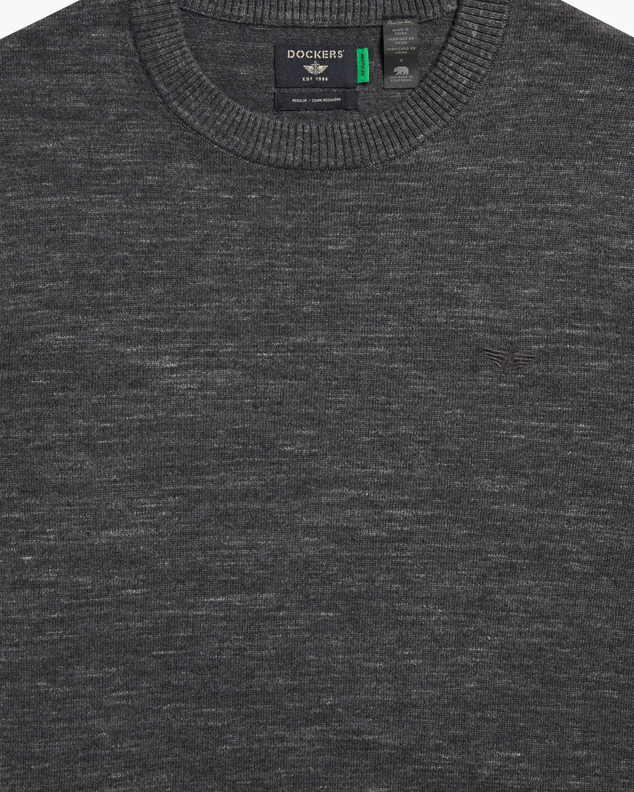 View of model wearing Fantasy Space Dye Thunderstorm Gray Crewneck Sweater,  Regular Fit.
