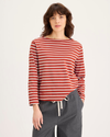 Front view of model wearing Fire Whirl Boatneck Tee, Regular Fit.