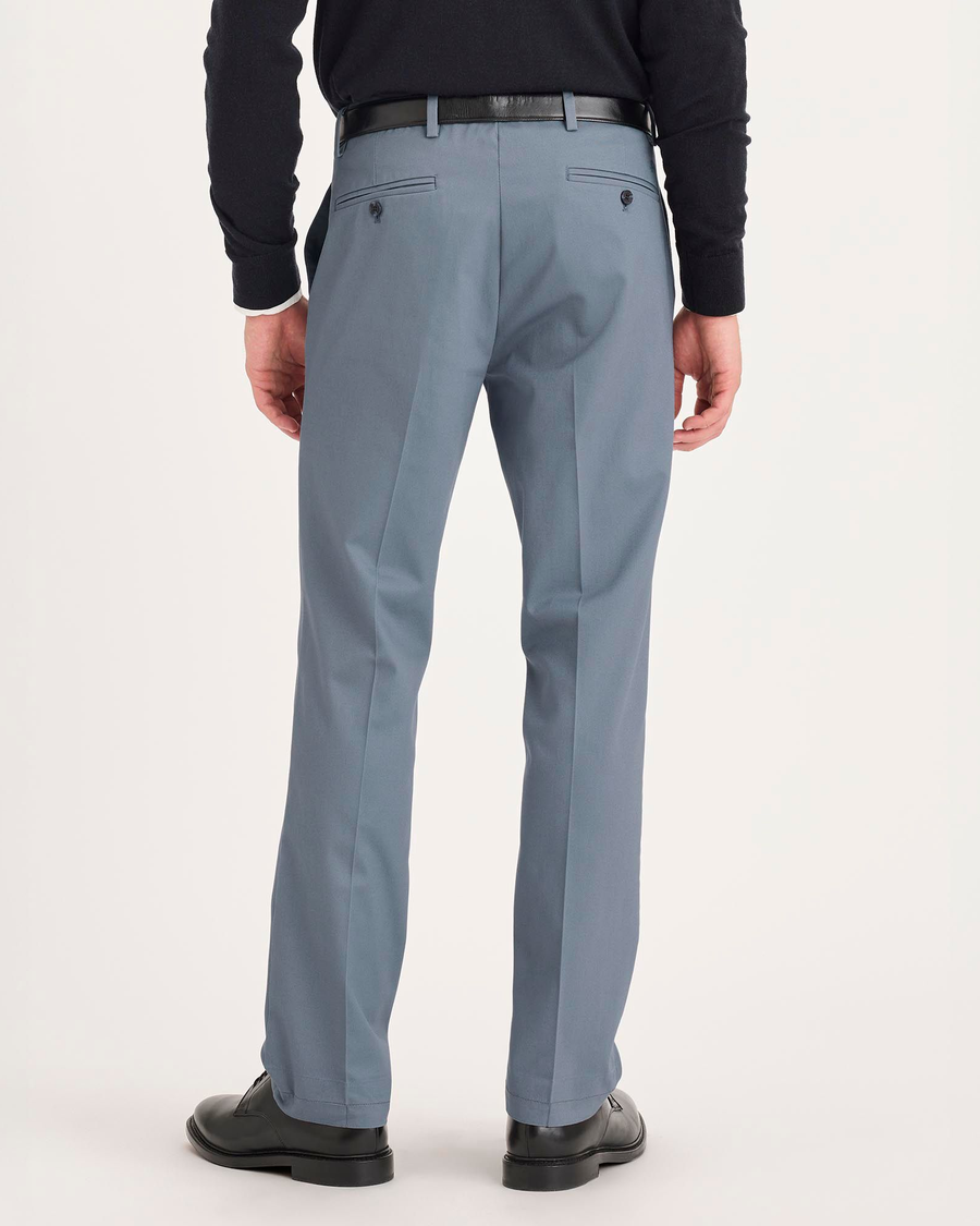 Back view of model wearing Folkstone Gray Signature Iron Free Khakis, Slim Fit with Stain Defender®.