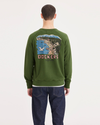 Back view of model wearing Forest Elf Men's Regular Fit Icon Crewneck Sweatshirt.