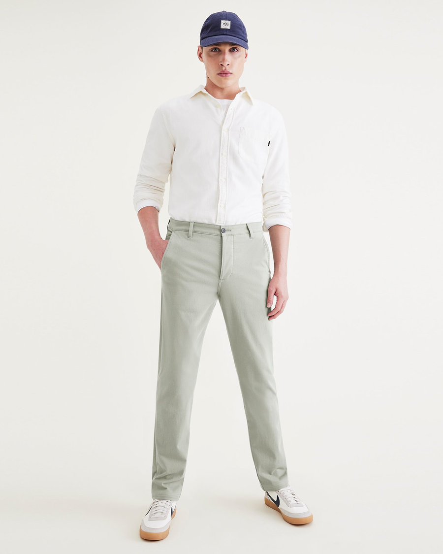 View of model wearing Forest Fog Men's Slim Fit Supreme Flex Alpha Khaki Pants.