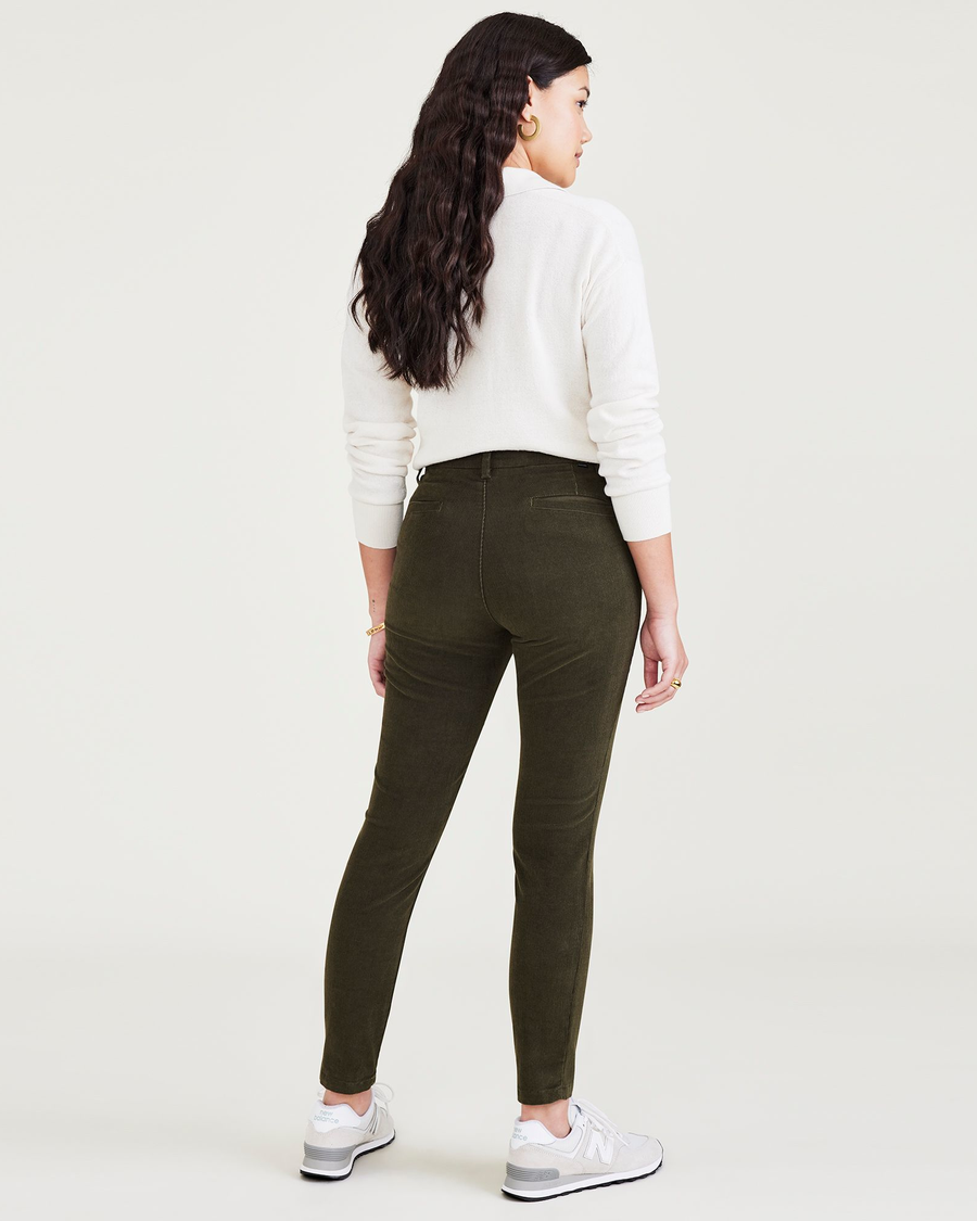 Back view of model wearing Forest Night Women's Skinny Fit Chino Pants.