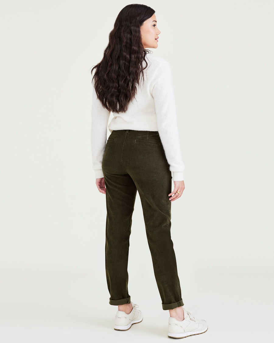 Back view of model wearing Forest Night Women's Slim Fit Weekend Chino Pants.