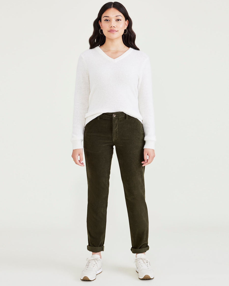 Front view of model wearing Forest Night Women's Slim Fit Weekend Chino Pants.