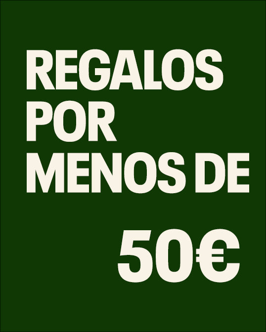 Green background with white text ' GIFTS UNDER 50€' on a green background