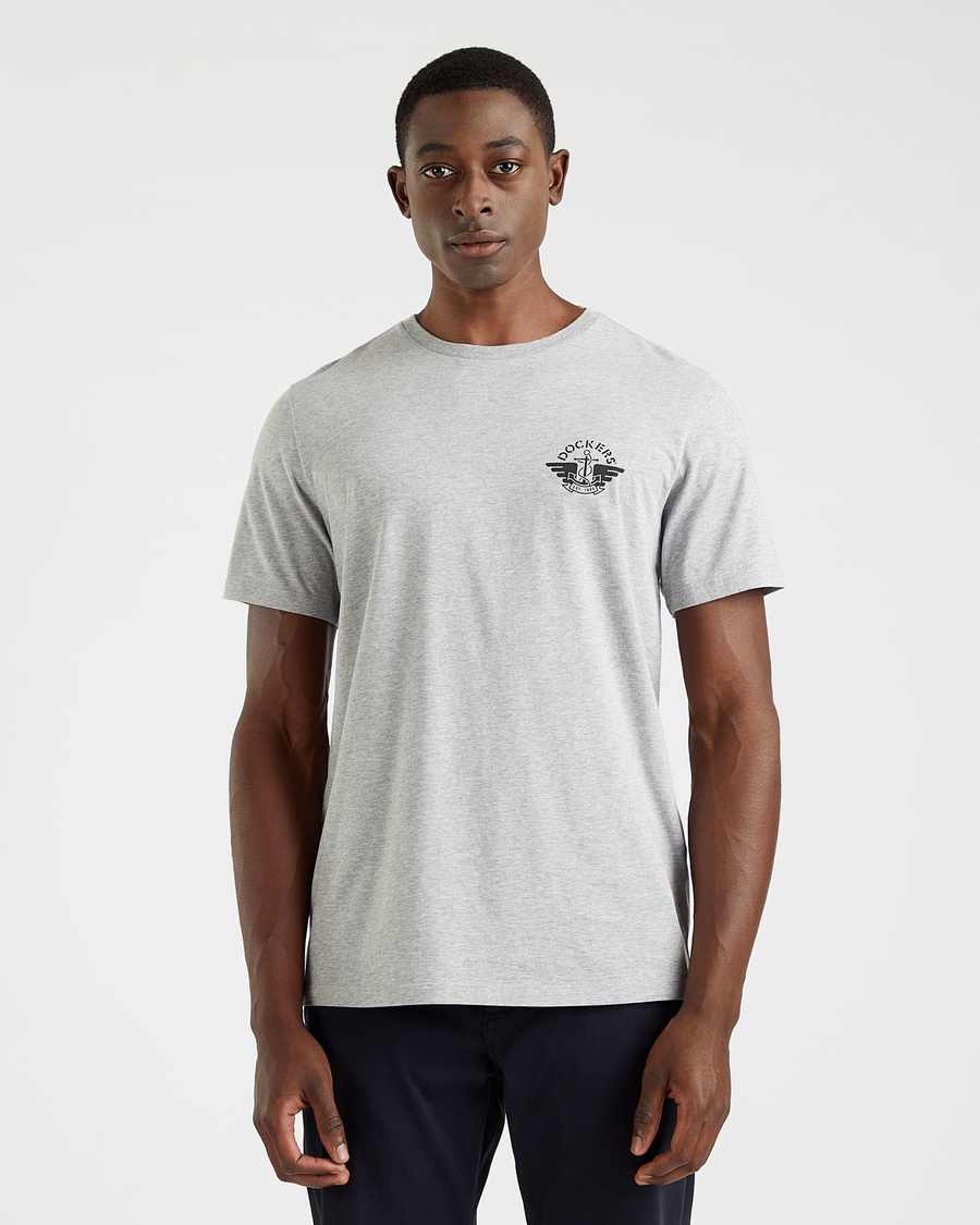 Front view of model wearing Gray Heather Men's Slim Fit Logo Tee.