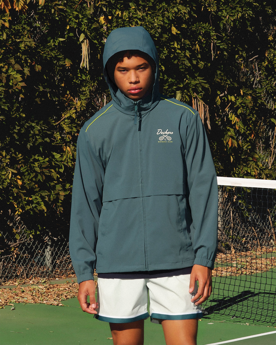 View of model wearing Green Heron Racquet Club Anorak, Regular Fit.