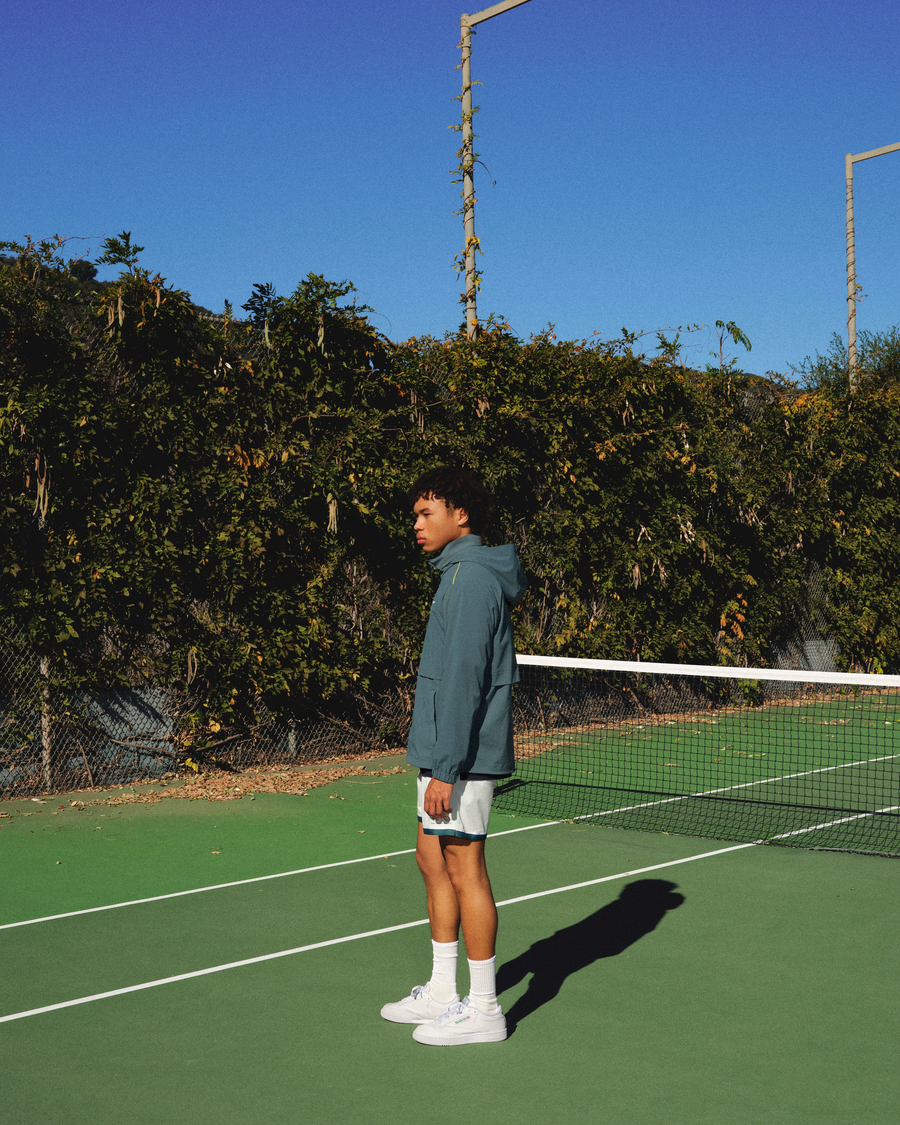 View of model wearing Green Heron Racquet Club Anorak, Regular Fit.