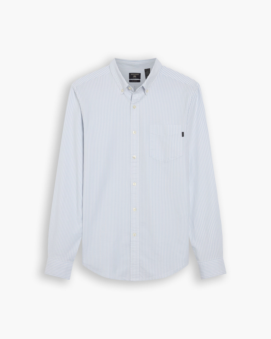 View of model wearing Gresham Subdued Blue Lucent White Oxford Shirt, Slim Fit.