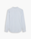 View of model wearing Gresham Subdued Blue Lucent White Oxford Shirt, Slim Fit.