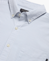 View of model wearing Gresham Subdued Blue Lucent White Oxford Shirt, Slim Fit.