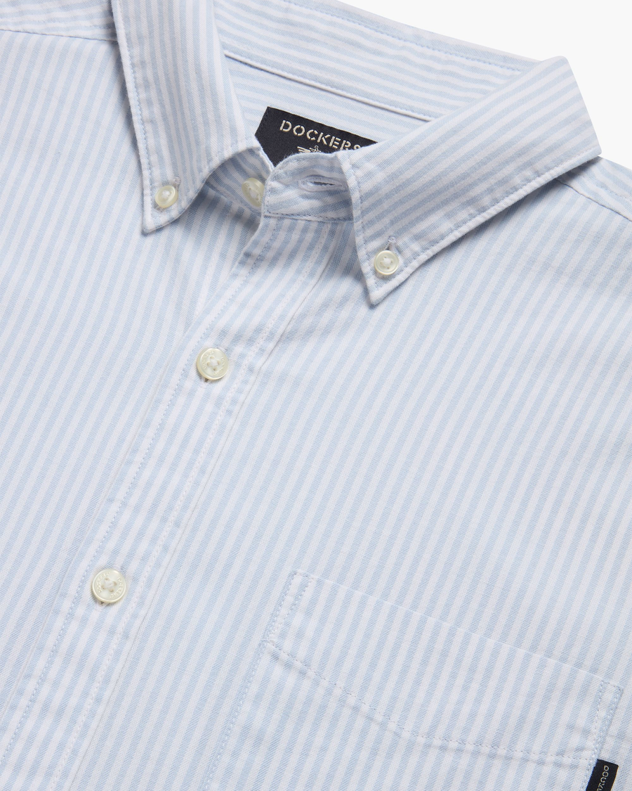 View of model wearing Gresham Subdued Blue Lucent White Oxford Shirt, Slim Fit.