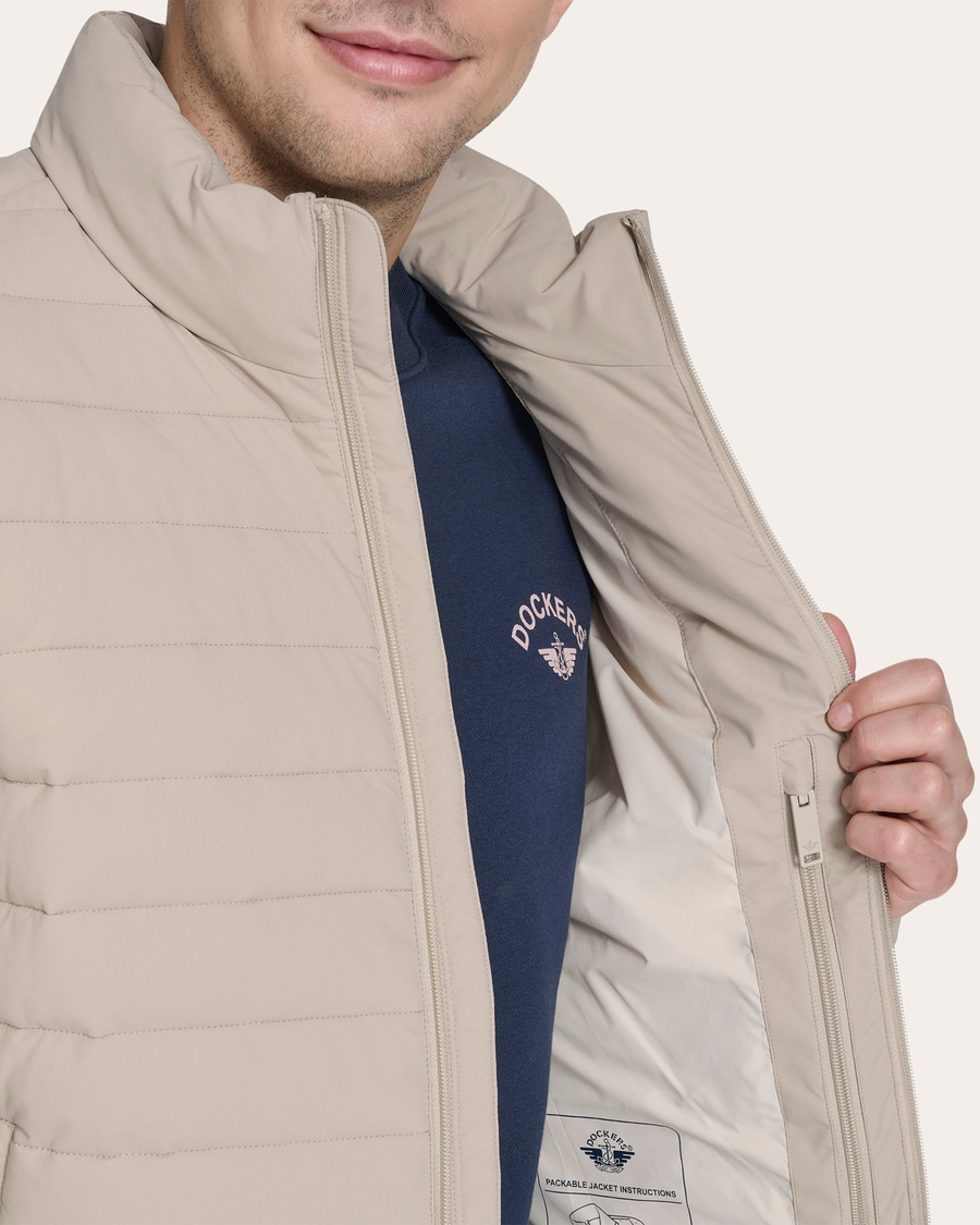 View of model wearing Grit Men's Packable Jacket.