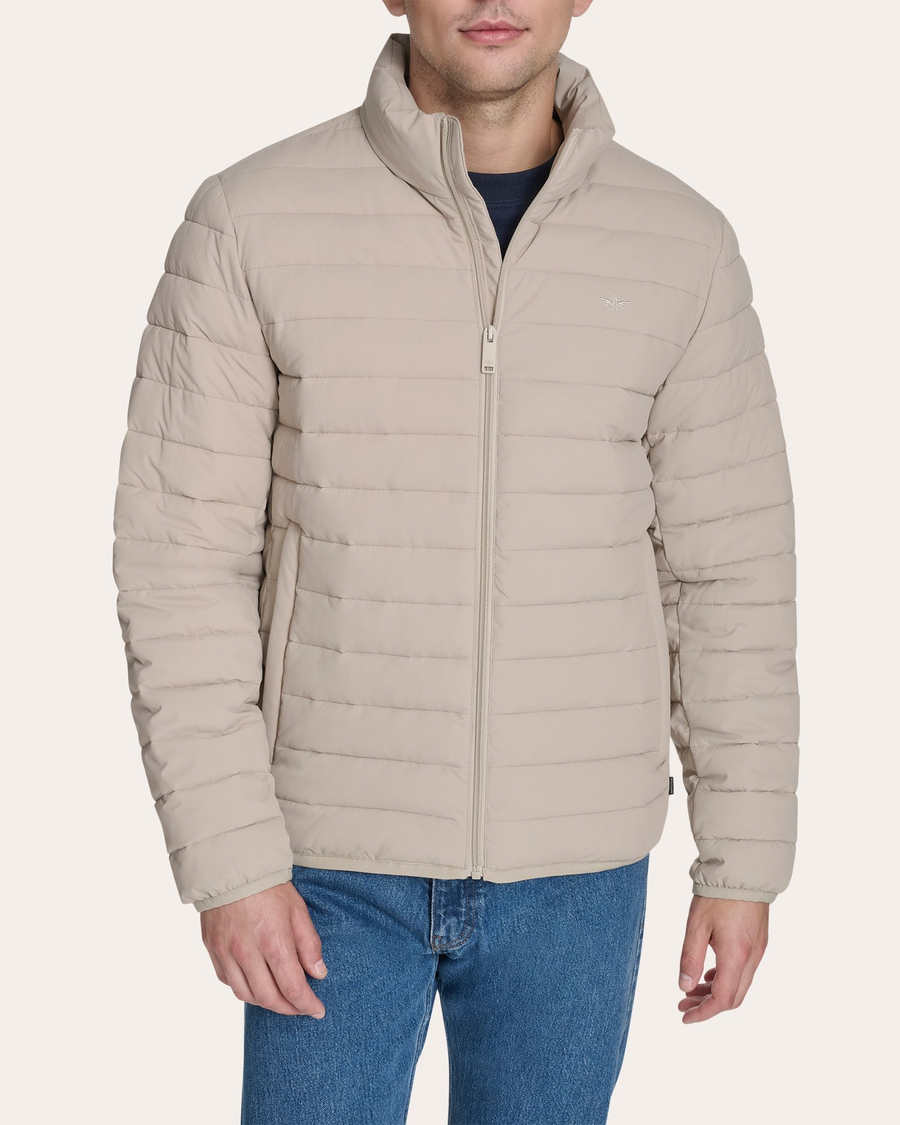 Front view of model wearing Grit Men's Packable Jacket.
