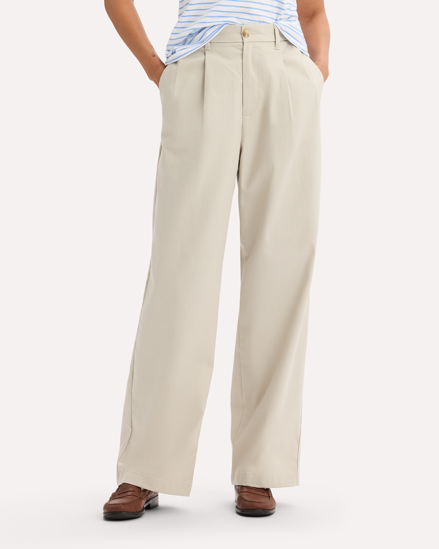 View of model wearing Grit Signature Iron Free Khakis, High Wide with Stain Defender®.