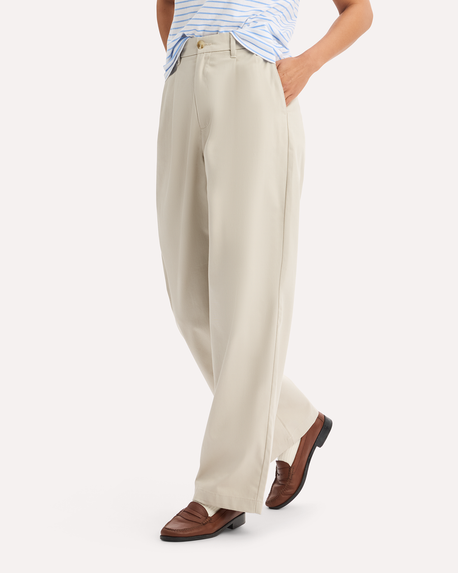 View of model wearing Grit Signature Iron Free Khakis, High Wide with Stain Defender®.
