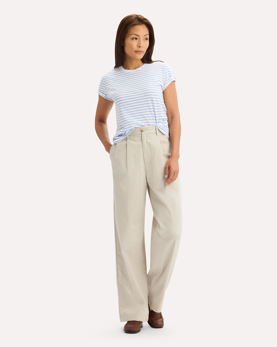 View of model wearing Grit Signature Iron Free Khakis, High Wide with Stain Defender®.