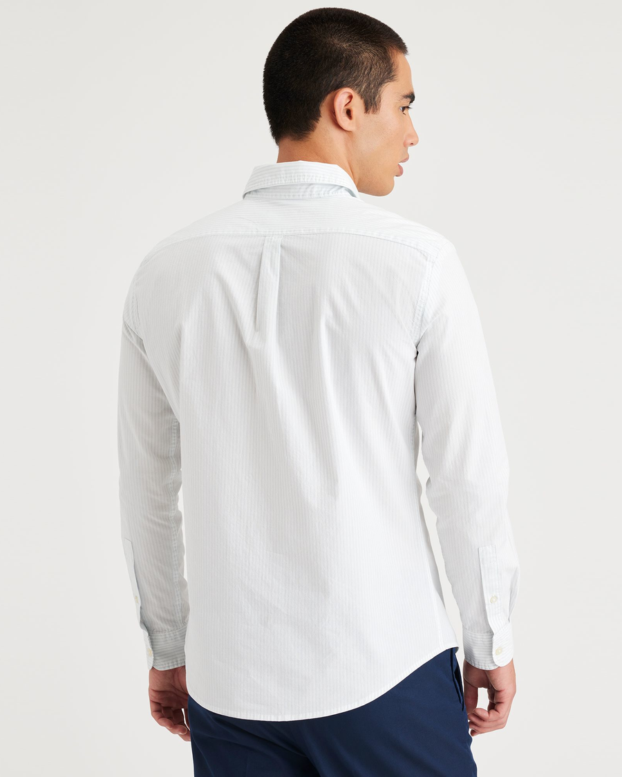 Back view of model wearing Gust Cashmere Blue Men's Slim Fit Icon Button Up Shirt.