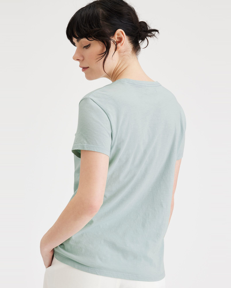 Back view of model wearing Harbor Gray Women's Slim Fit Graphic Tee Shirt.