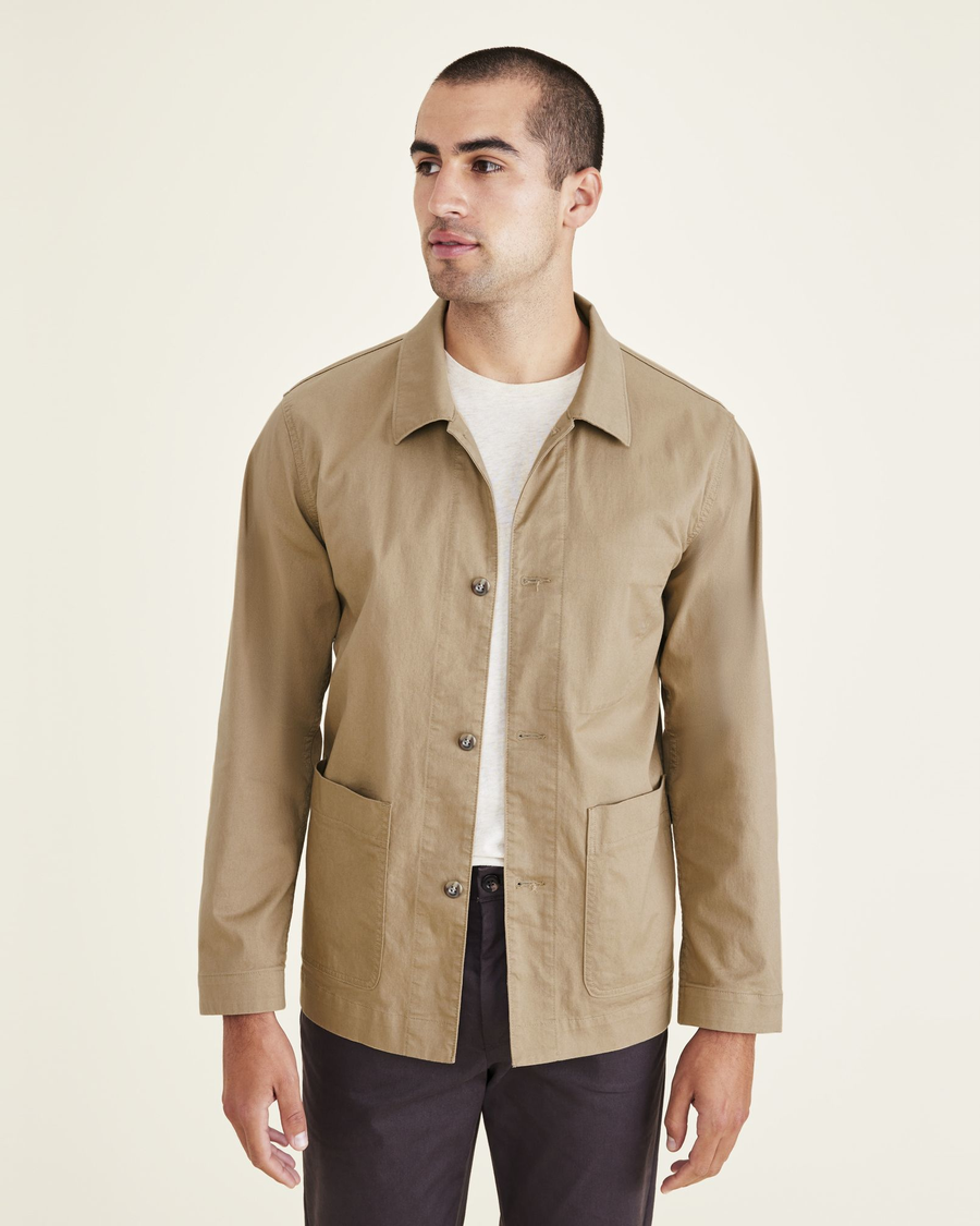 Front view of model wearing Harvest Gold Men's Regular Fit Chore Coat.