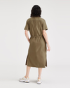 Back view of model wearing Harvest Gold Women's Buttoned Midi Dress.
