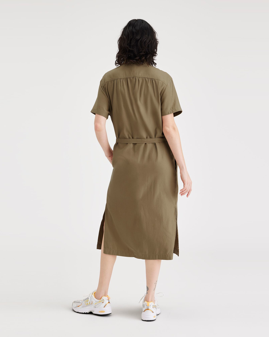 Back view of model wearing Harvest Gold Women's Buttoned Midi Dress.